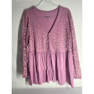 Torrid Babydoll Lace Super Soft Mix Tiered Button Down Pink Long Sleeve Size 2X